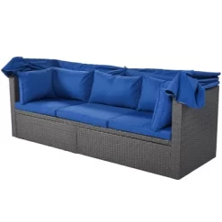 4pc Outdoor Wicker Rectangle Daybed With Canopy & Cushions - Blue - GODEER -Quality Garden Outdoor Store GUEST ff0ce38e fffd 416a a99a a9bc9a14cd44