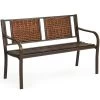 Costway Patio Garden Bench Steel Frame Rattan Backrest Park Yard Outdoor Porch Furniture